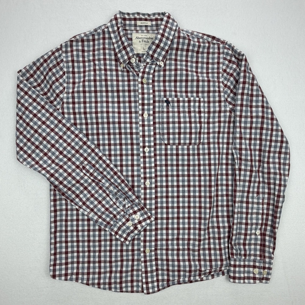 Abercrombie & Fitch Mens Muscle Fit Gingham Button Down Shirt Burgundy Large